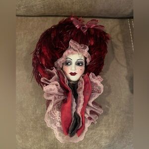 Vintage Unique Creations Red Feather and Porcelain Face Wall Decor